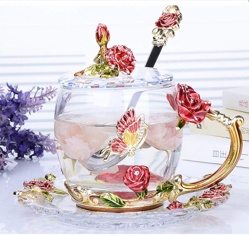 ALDO Kitchen & Dining > Tableware > Drinkware Transparent Vintage Enamel Glass Coffee Tea Mug Red Roses Heat-Resistant Cup Gift Sets Set with Spoon,Cover and Coaster