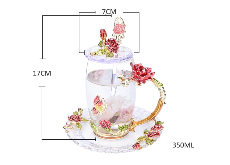 ALDO Kitchen & Dining > Tableware > Drinkware Transparent Vintage Enamel Glass Coffee Tea Mug Red Roses Heat-Resistant Cup Gift Sets Set with Spoon,Cover and Coaster