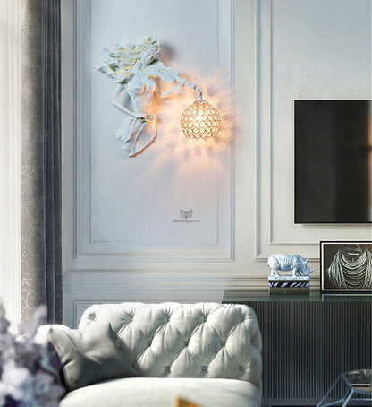 ALDO Lighting > Lighting Fixtures > Ceiling Light Fixtures 20 "H x 18.5" W  Lampshade diameter is 6.9 inch. / Antique White / resin and grlass European Retro Sculptural Woman with Violin ‎ Lamp Sconce Light, Indoor Fixture