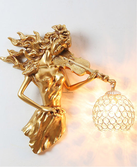 ALDO Lighting > Lighting Fixtures > Ceiling Light Fixtures 20 "H x 18.5" W  Lampshade diameter is 6.9 inch. / Gold / resin and grlass European Retro Sculptural Woman with Violin ‎ Lamp Sconce Light, Indoor Fixture