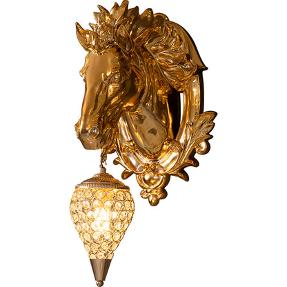 ALDO Lighting > Lighting Fixtures > Ceiling Light Fixtures 22.44 " L x 14.17 " W x 9.84 " H. Lampshade diameter is 6.29 inch. / Gold / resin and grlass European Retro Sculptural Golden Horse Head Lamp Sconce Light, Indoor  Fixture