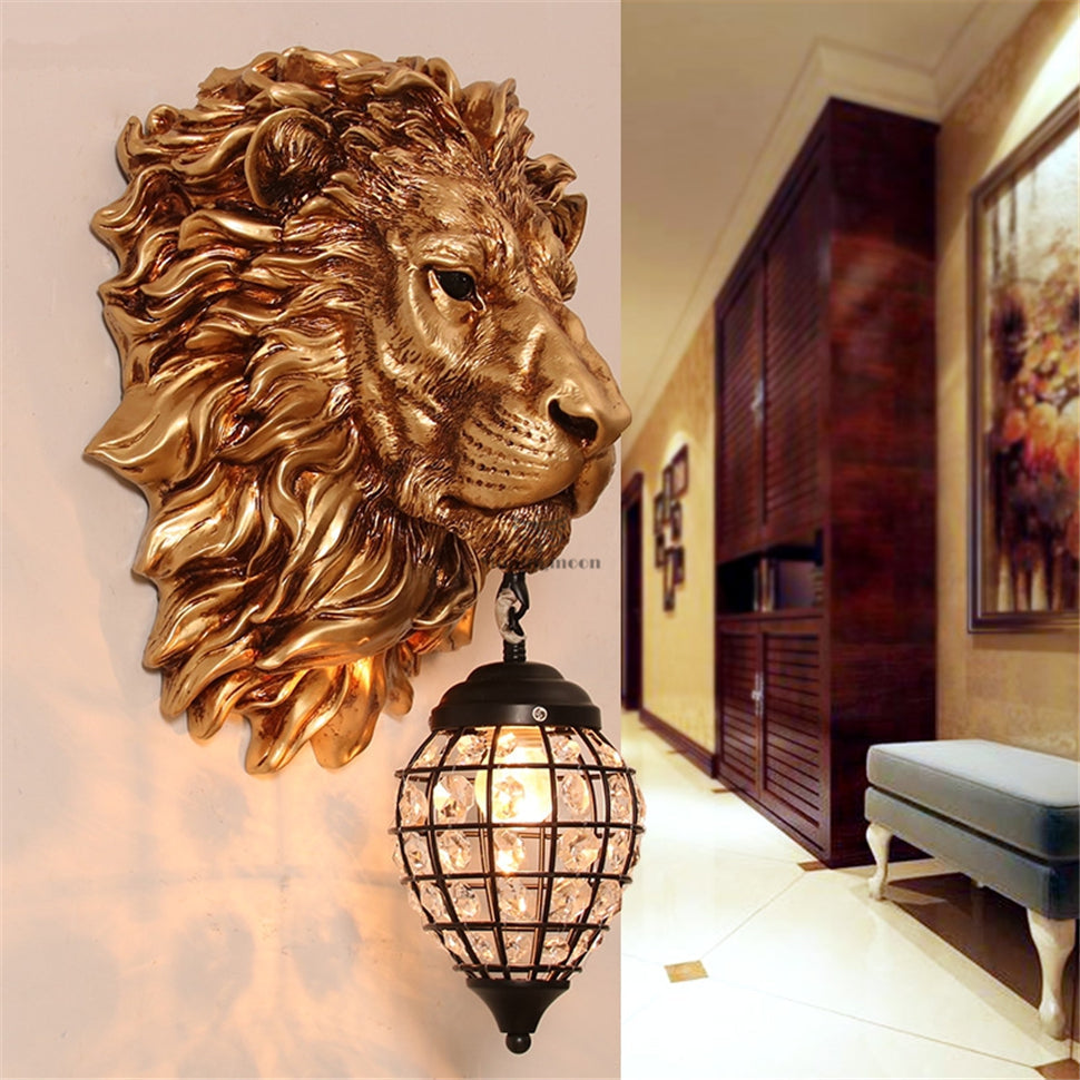 ALDO Lighting > Lighting Fixtures > Ceiling Light Fixtures 22.44 " L x 14.17 " W x 9.84 " H. Lampshade diameter is 6.29 inch. / Gold / resin and grlass European Retro Sculptural Golden Lion Head Lamp Sconce Light, Indoor Fixture