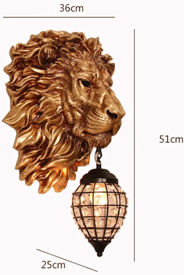 ALDO Lighting > Lighting Fixtures > Ceiling Light Fixtures 22.44 " L x 14.17 " W x 9.84 " H. Lampshade diameter is 6.29 inch. / Gold / resin and grlass European Retro Sculptural Golden Lion Head Lamp Sconce Light, Indoor Fixture
