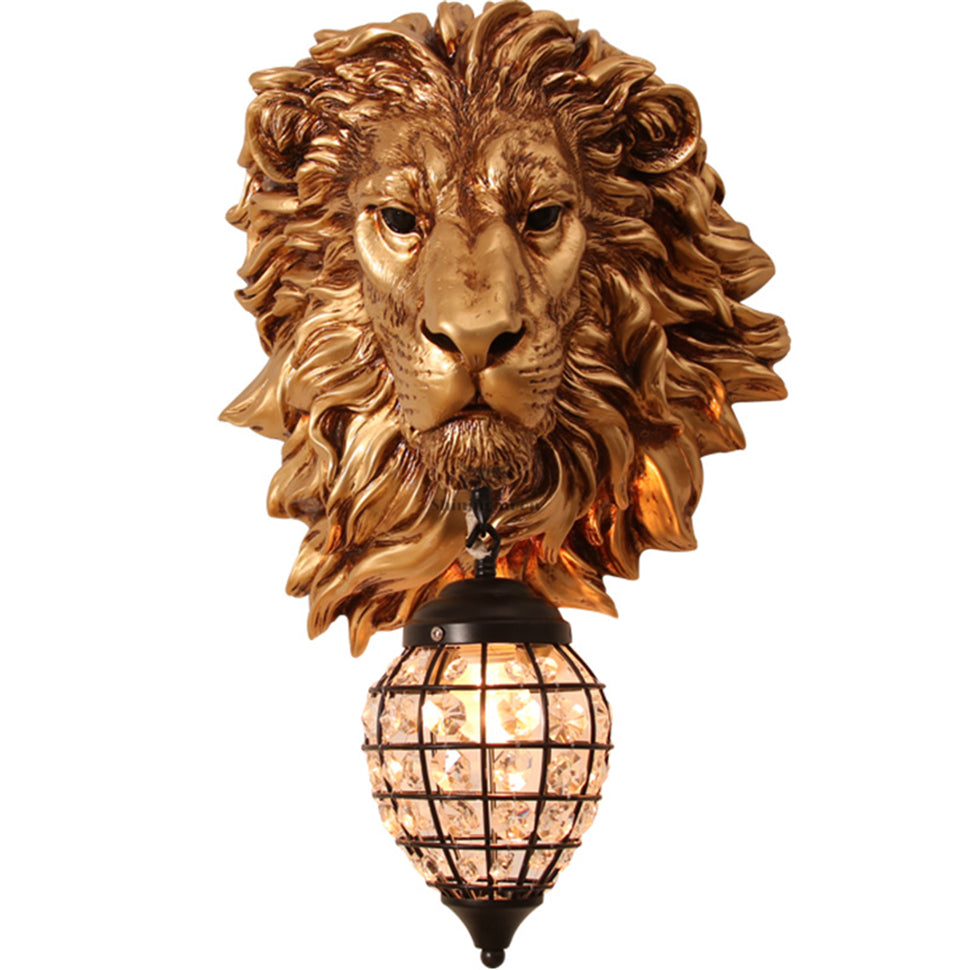 ALDO Lighting > Lighting Fixtures > Ceiling Light Fixtures 22.44 " L x 14.17 " W x 9.84 " H. Lampshade diameter is 6.29 inch. / Gold / resin and grlass European Retro Sculptural Golden Lion Head Lamp Sconce Light, Indoor Fixture