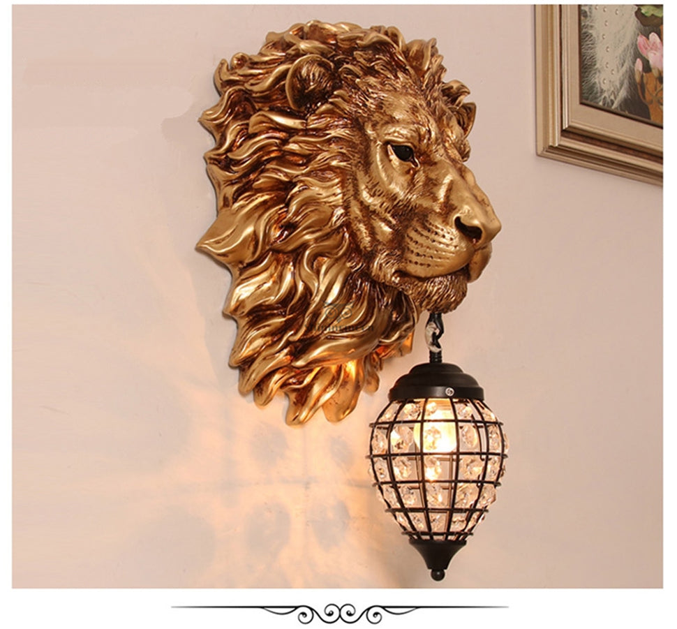 ALDO Lighting > Lighting Fixtures > Ceiling Light Fixtures 22.44 " L x 14.17 " W x 9.84 " H. Lampshade diameter is 6.29 inch. / Gold / resin and grlass European Retro Sculptural Golden Lion Head Lamp Sconce Light, Indoor Fixture