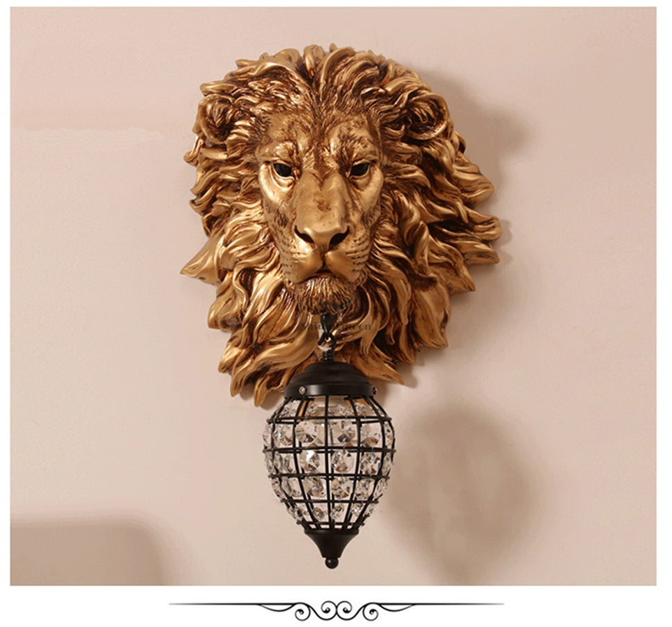 ALDO Lighting > Lighting Fixtures > Ceiling Light Fixtures 22.44 " L x 14.17 " W x 9.84 " H. Lampshade diameter is 6.29 inch. / Gold / resin and grlass European Retro Sculptural Golden Lion Head Lamp Sconce Light, Indoor Fixture