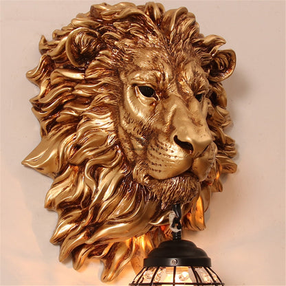 ALDO Lighting > Lighting Fixtures > Ceiling Light Fixtures 22.44 " L x 14.17 " W x 9.84 " H. Lampshade diameter is 6.29 inch. / Gold / resin and grlass European Retro Sculptural Golden  Lion Head Lamp Sconce Light, Indoor  Fixture