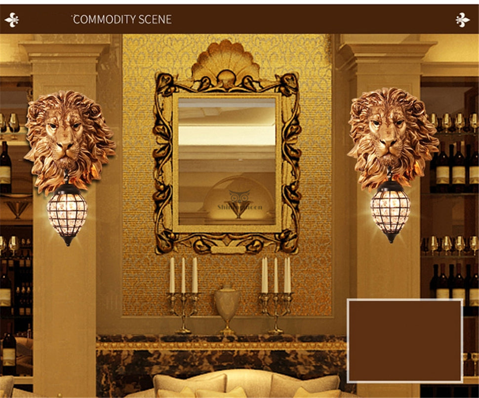 ALDO Lighting > Lighting Fixtures > Ceiling Light Fixtures 22.44 " L x 14.17 " W x 9.84 " H. Lampshade diameter is 6.29 inch. / Gold / resin and grlass European Retro Sculptural Golden Lion Head Lamp Sconce Light, Indoor Fixture