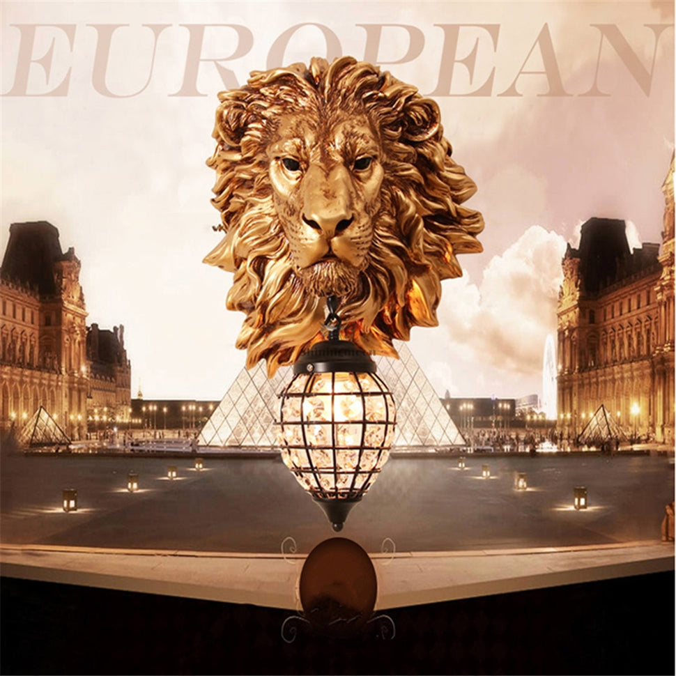 ALDO Lighting > Lighting Fixtures > Ceiling Light Fixtures 22.44 " L x 14.17 " W x 9.84 " H. Lampshade diameter is 6.29 inch. / Gold / resin and grlass European Retro Sculptural Golden Lion Head Lamp Sconce Light, Indoor Fixture