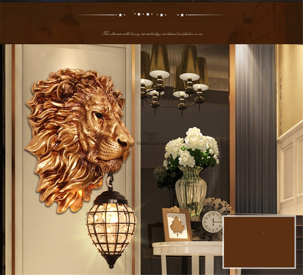 ALDO Lighting > Lighting Fixtures > Ceiling Light Fixtures 22.44 " L x 14.17 " W x 9.84 " H. Lampshade diameter is 6.29 inch. / Gold / resin and grlass European Retro Sculptural Golden Lion Head Lamp Sconce Light, Indoor Fixture
