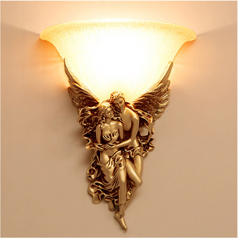 ALDO Lighting > Lighting Fixtures > Ceiling Light Fixtures 30cm x height 37cm. / 12" x 14.5" inches / bronze / resin and grlass Cupid and Psyche Angels Statue Sculptural Electric Wall LED 3 Colors Lamp Sconce