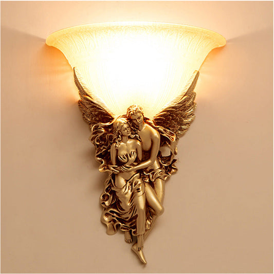 ALDO Lighting > Lighting Fixtures > Ceiling Light Fixtures 30cm x height 37cm. / 12" x 14.5" inches / bronze / resin and grlass Cupid and Psyche Angels Statue  Sculptural Electric Wall LED 3 Colors Lamp Sconce