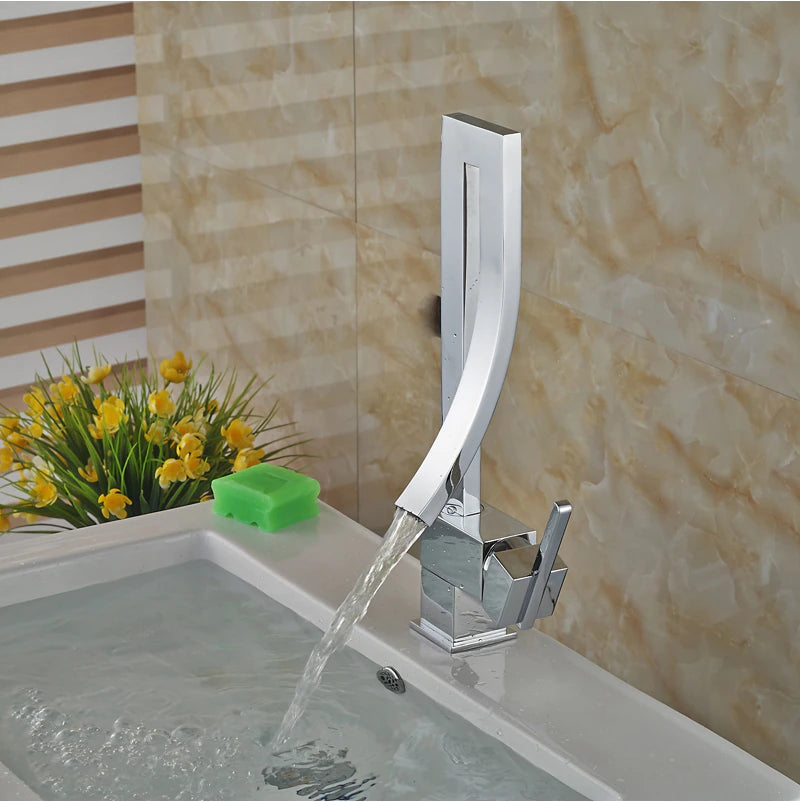 ALDO Plumbing Fixture Hardware & Parts > Faucet Accessories > Faucet Handles & Controls Chrome Luxury Contemporary  Style Bathroom Waterfall  Twisted Tower Basin Faucet.