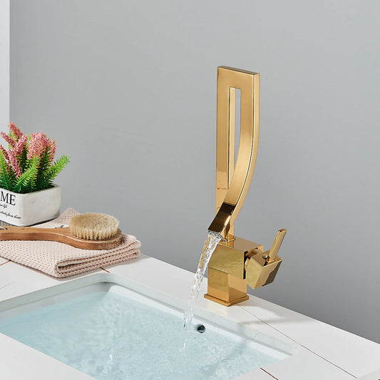 ALDO Plumbing Fixture Hardware & Parts > Faucet Accessories > Faucet Handles & Controls Gold Luxury Contemporary  Style Bathroom Waterfall  Twisted Tower Basin Faucet.