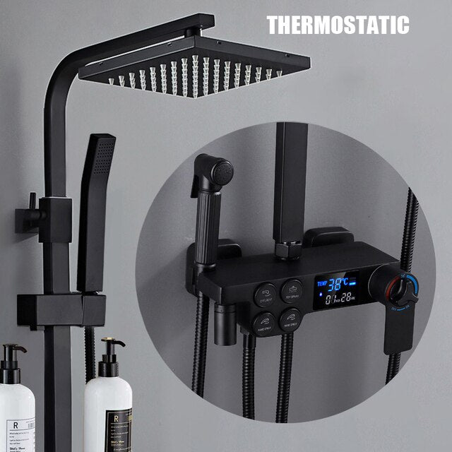 ALDO Plumbing > Plumbing Fixture Hardware & Parts > Shower Parts > Shower Heads Digital Bathroom Shower System with LED and Smart Thermostat Temperature Display Wall Mount Rainfall Head Faucet