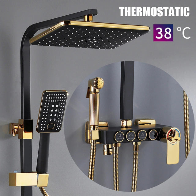ALDO Plumbing > Plumbing Fixture Hardware & Parts > Shower Parts > Shower Heads No Display with Thermostat Black and Gold / Brass and ABS Digital Bathroom Shower System with LED and Smart Thermostat Temperature Display Wall Mount Rainfall Head Faucet