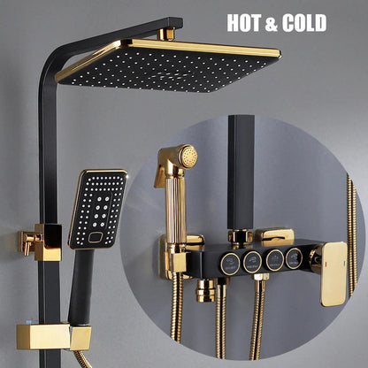 ALDO Plumbing > Plumbing Fixture Hardware & Parts > Shower Parts > Shower Heads No  Thermostat Black and Gold / Brass and ABS Digital Bathroom Shower System with LED and Smart Thermostat Temperature Display Wall Mount Rainfall Head Faucet