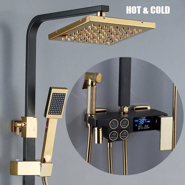 ALDO Plumbing > Plumbing Fixture Hardware & Parts > Shower Parts > Shower Heads No Thermostat Black and Gold Shower Head / Brass and ABS Digital Bathroom Shower System with LED and Smart Thermostat Temperature Display Wall Mount Rainfall Head Faucet