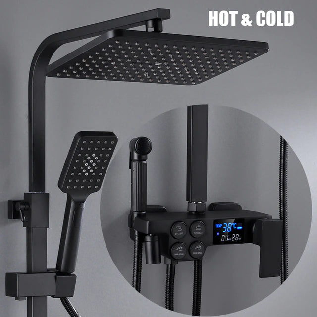 ALDO Plumbing > Plumbing Fixture Hardware & Parts > Shower Parts > Shower Heads No Thermostat  Black Squere Panel / Brass and ABS Digital Bathroom Shower System with LED and Smart Thermostat Temperature Display Wall Mount Rainfall Head Faucet