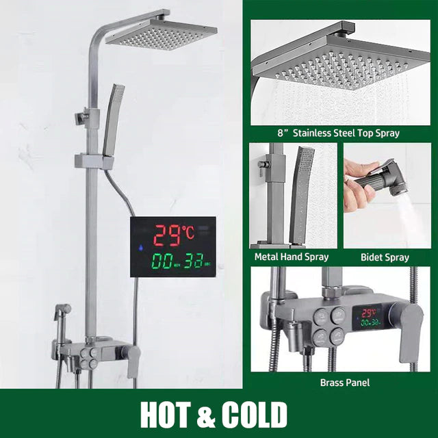 ALDO Plumbing > Plumbing Fixture Hardware & Parts > Shower Parts > Shower Heads No Thermostat  Chrome Squere Panel / Brass and ABS Digital Bathroom Shower System with LED and Smart Thermostat Temperature Display Wall Mount Rainfall Head Faucet