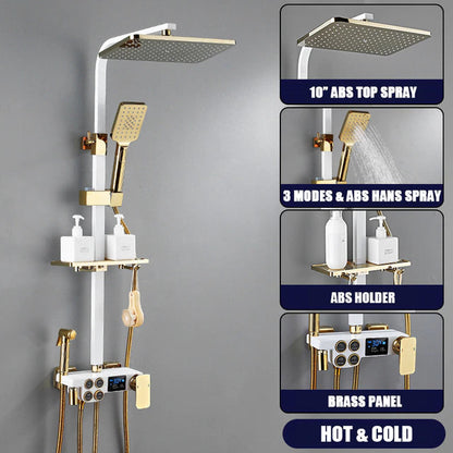 ALDO Plumbing > Plumbing Fixture Hardware & Parts > Shower Parts > Shower Heads No Thermostat White and Gold / Brass and ABS Digital Bathroom Shower System with LED and Smart Thermostat Temperature Display Wall Mount Rainfall Head Faucet