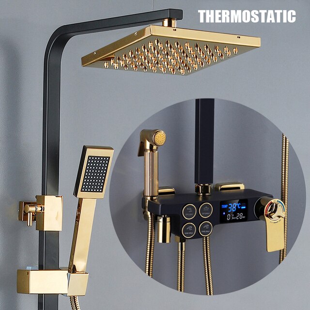 ALDO Plumbing > Plumbing Fixture Hardware & Parts > Shower Parts > Shower Heads Thermostat Black and Gold / Brass and ABS Digital Bathroom Shower System with LED and Smart Thermostat Temperature Display Wall Mount Rainfall Head Faucet