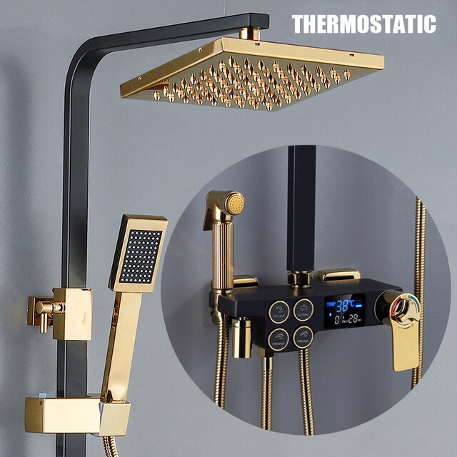 ALDO Plumbing > Plumbing Fixture Hardware & Parts > Shower Parts > Shower Heads Thermostat  Black and Gold / Brass and ABS Digital Bathroom Shower System with LED and Smart Thermostat Temperature Display Wall Mount Rainfall Head Faucet