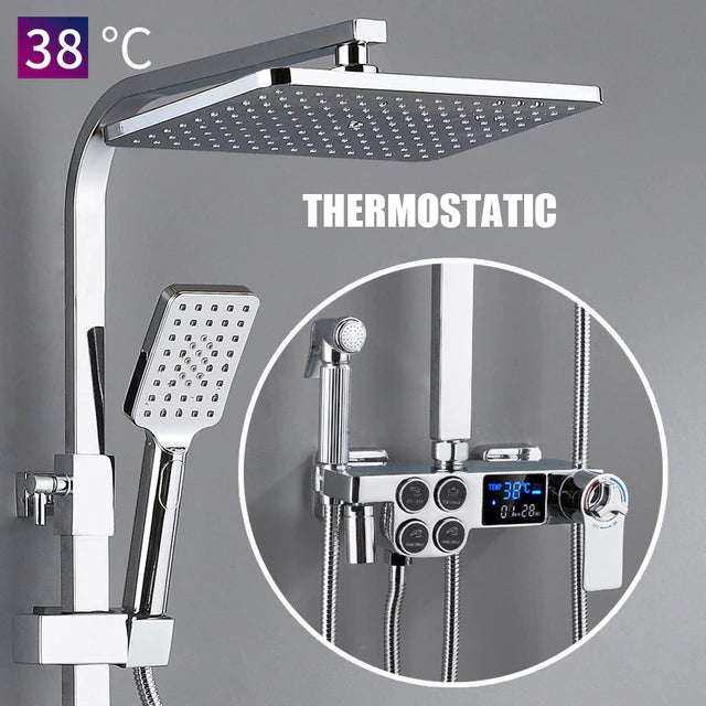 ALDO Plumbing > Plumbing Fixture Hardware & Parts > Shower Parts > Shower Heads Thermostat Chrome / Brass and ABS Digital Bathroom Shower System with LED and Smart Thermostat Temperature Display Wall Mount Rainfall Head Faucet