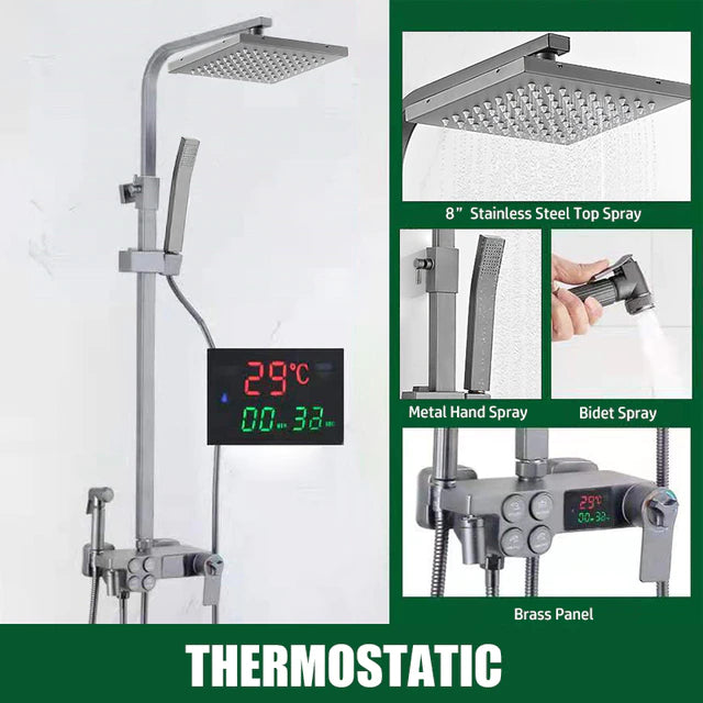 ALDO Plumbing > Plumbing Fixture Hardware & Parts > Shower Parts > Shower Heads Thermostat Chrome Squere Panel / Brass and ABS Digital Bathroom Shower System with LED and Smart Thermostat Temperature Display Wall Mount Rainfall Head Faucet