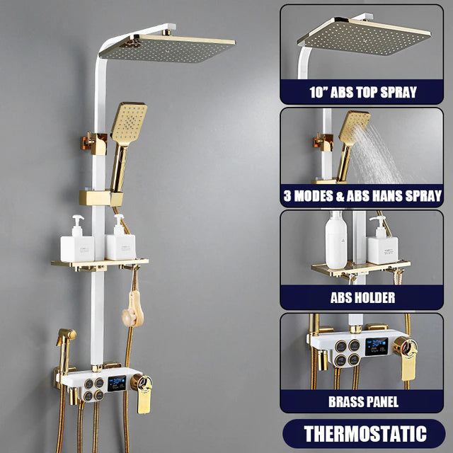 ALDO Plumbing > Plumbing Fixture Hardware & Parts > Shower Parts > Shower Heads Thermostat White and Gold / Brass and ABS Digital Bathroom Shower System with LED and Smart Thermostat Temperature Display Wall Mount Rainfall Head Faucet