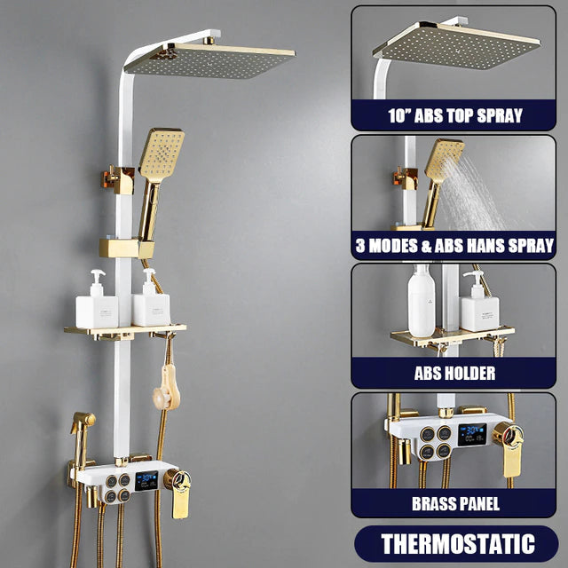 ALDO Plumbing > Plumbing Fixture Hardware & Parts > Shower Parts > Shower Heads Thermostat  White and Gold / Brass and ABS Digital Bathroom Shower System with LED and Smart Thermostat Temperature Display Wall Mount Rainfall Head Faucet