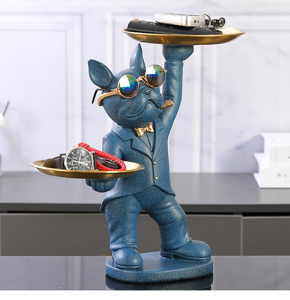 ALDO Tables > Accent Tables 12.9" H. x 12" L x 9 " W / new / resin French Bulldog Blue Butler Sculptural Statue with Metal Tray