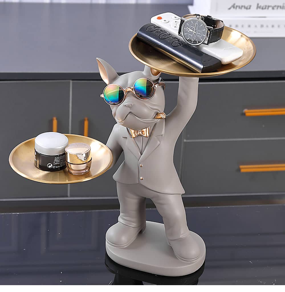 ALDO Tables > Accent Tables 12.9" H. x 12" L x 9 " W / new / resin French Bulldog Light Brown Butler Sculptural Statue with Metal Tray
