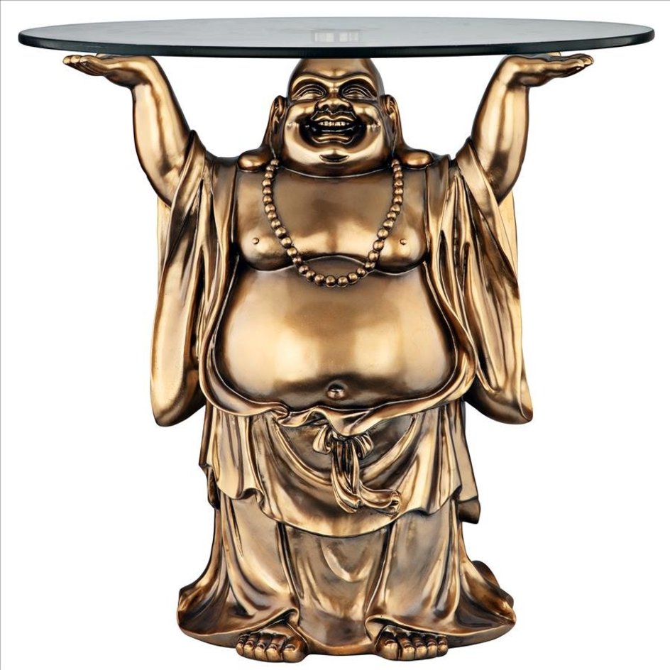 ALDO Tables > Accent Tables Feng Shui Decoration Jolly Hotei Buddha Glass-Topped Sculptural Table