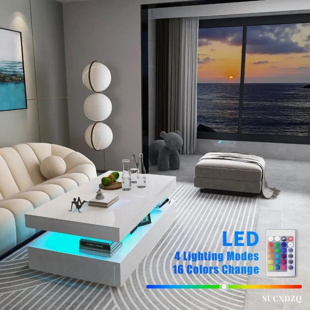 ALDO Tables > Accent Tables new / wood High Gloss Modern Coffee Table With RGB LED Light White Rectangular Coffee Table for Living Room With Remote Control