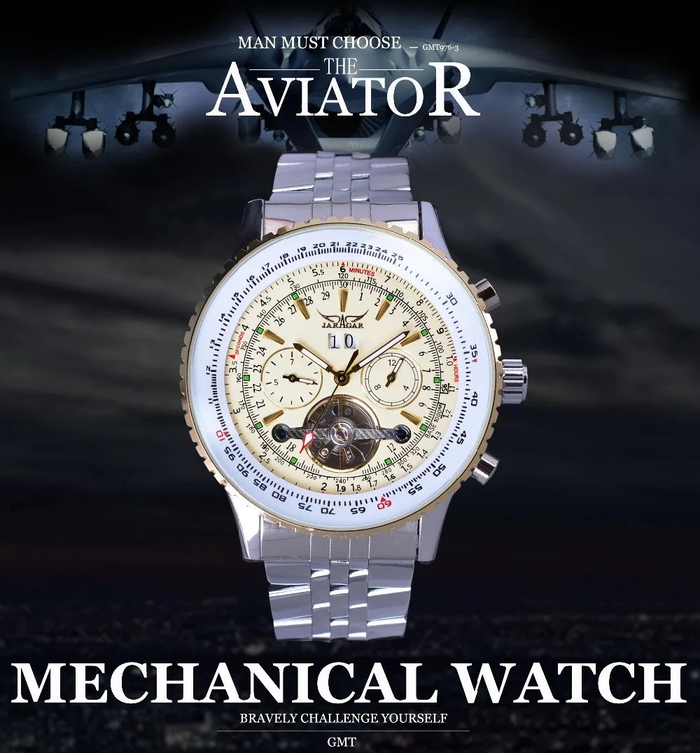 Jaragar Décor > Watches Gold White face Aviator BRTL Man's Luxury Wrist Sport Multifunction Watch Automatic Tourbillion Design Movement Date Day,Week & Month Calendar Waterproof