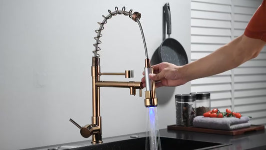 Senlesen Certified Commercial Heavy-duty LED Light Spring Pull Down Kitchen Sink Faucet Tap with Dual Spout Deck Mounted.