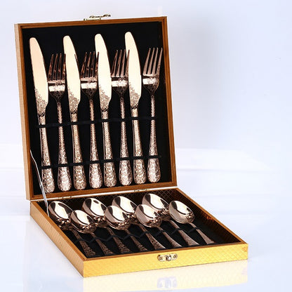 16 pc  Ingraved Stainless Steel Classic Gold and Silver Plated Stainless Steel Cutlery Silverware Set in Golden Box