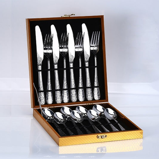 16 pc  Ingraved Stainless Steel Classic Gold and Silver Plated Stainless Steel Cutlery Silverware Set in Golden Box
