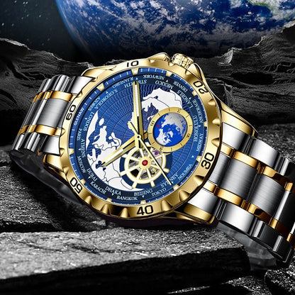GLENAW Three Dimensional Sailing Navigation World Clock Nautical Design Automatic Luminous  Calendar Shock Resistant With Rotation Earth and Ship Weel 30 Meters Waterproof Men's Watch