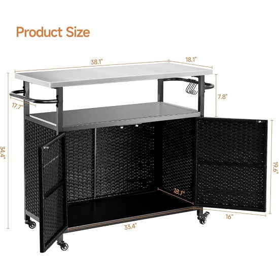 Outdoor Rattan Bar Cart Kitchen Island with Wheels with Stainless Steel Tabletop for BBQ