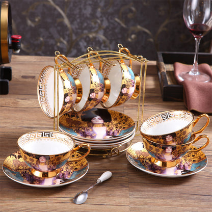Gustav Klimt Art  Style Coffee and Tea Set with Hand Made Fine Porcelain 24 karat Gold Plated