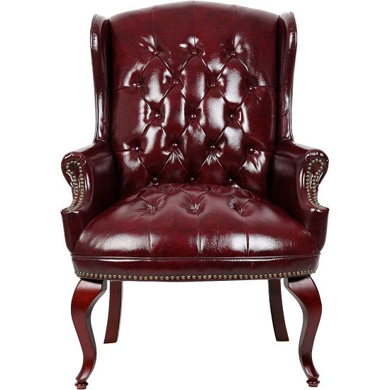 Elegant Mahogany Wood Finish Vintage Designer Wingback Traditional  Burgundy Armchair