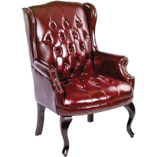 Elegant Mahogany Wood Finish Vintage Designer Wingback Traditional  Burgundy Armchair