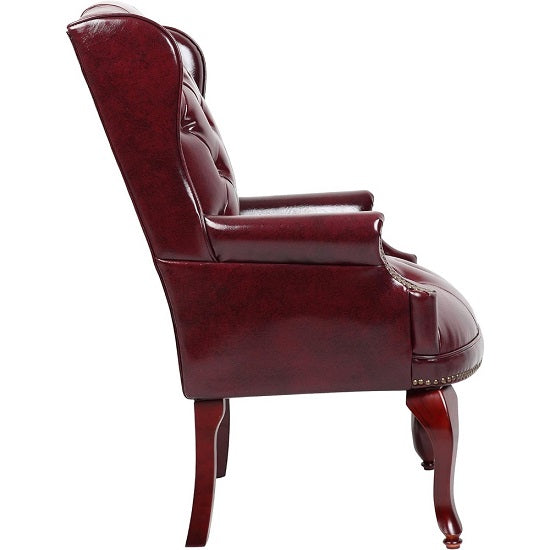 Elegant Mahogany Wood Finish Vintage Designer Wingback Traditional  Burgundy Armchair