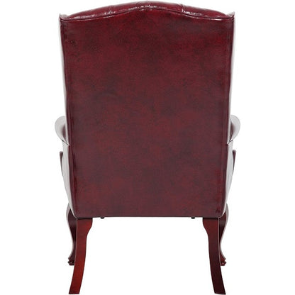Elegant Mahogany Wood Finish Vintage Designer Wingback Traditional  Burgundy Armchair