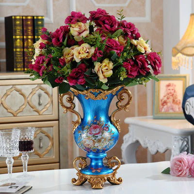 ALDO Arts & Crafts>Creative Arts >Pottery Resin  Pearl Lustra Blue Vase With Roses and Double Handles and Dry Flowers Arrangements / new / resin European Vintage Style Sculptural Vase with Flower Arrangements
