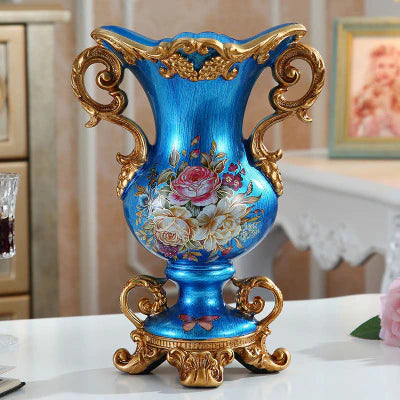 ALDO Arts & Crafts>Creative Arts >Pottery Resin  Pearl Lustra Blue Vase With Roses and Double Handles / new / resin European Vintage Style Sculptural Vase with Flower Arrangements