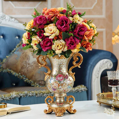 ALDO Arts & Crafts>Creative Arts >Pottery Resin  Pearl Lustra Golden Vase With Roses and Double Handles and  Dry Flowers Arrangements / new / resin European Vintage Style Sculptural Vase with Flower Arrangements