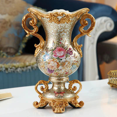 ALDO Arts & Crafts>Creative Arts >Pottery Resin  Pearl Lustra Golden Vase With Roses and Double Handles / new / resin European Vintage Style Sculptural Vase with Flower Arrangements